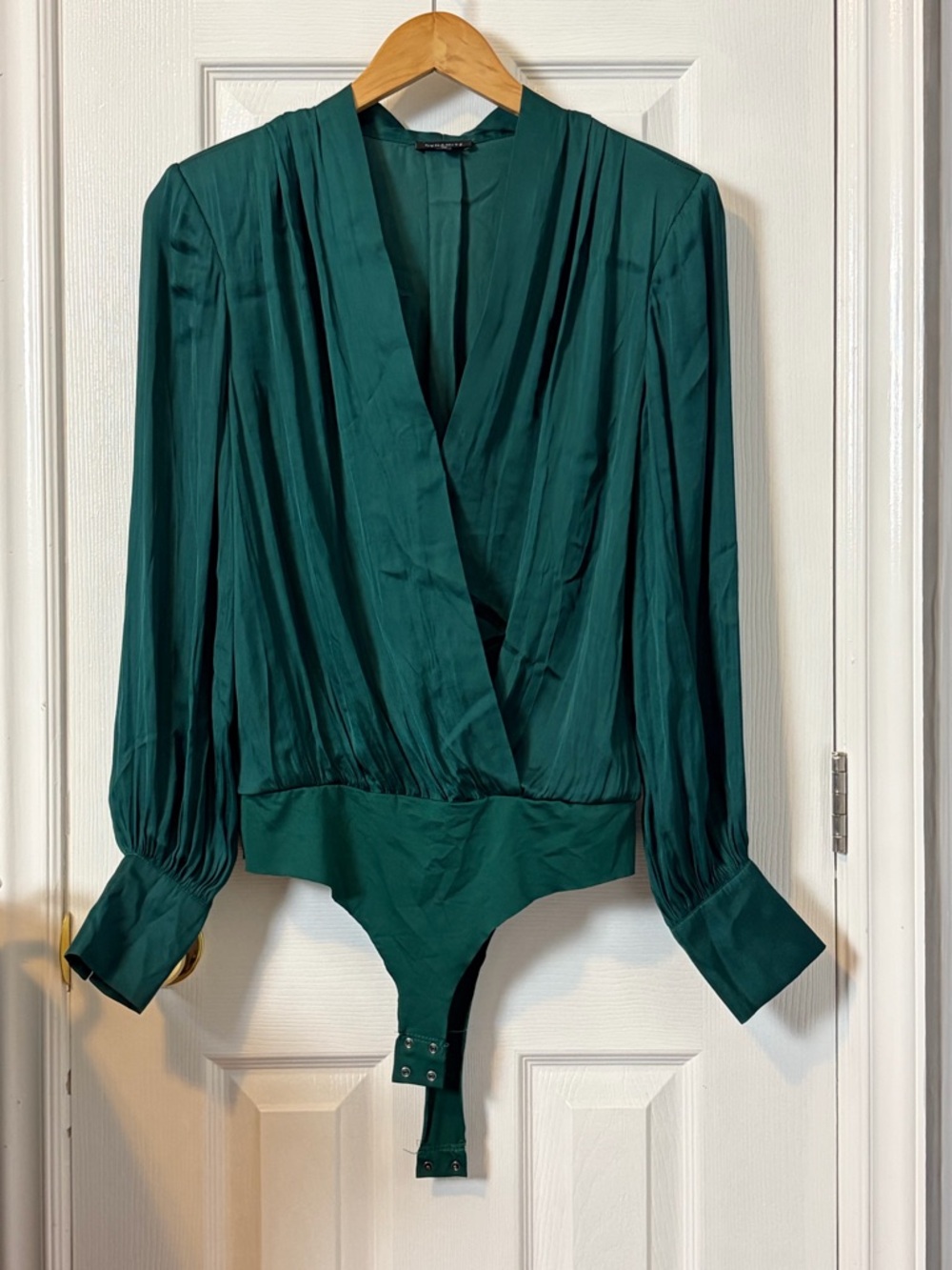 Dynamite Deep Emerald Green Satin Wrap Long-Sleeve Bodysuit